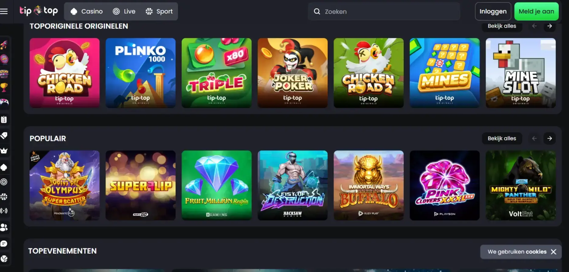 Actuele desktopweergave van de Tip-Top Casino homepage