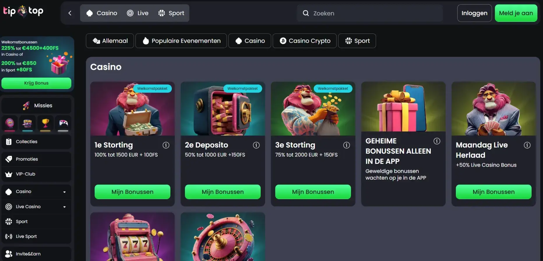 Actuele Tip-Top bonuspagina met de welkomstheadline en promotietegels