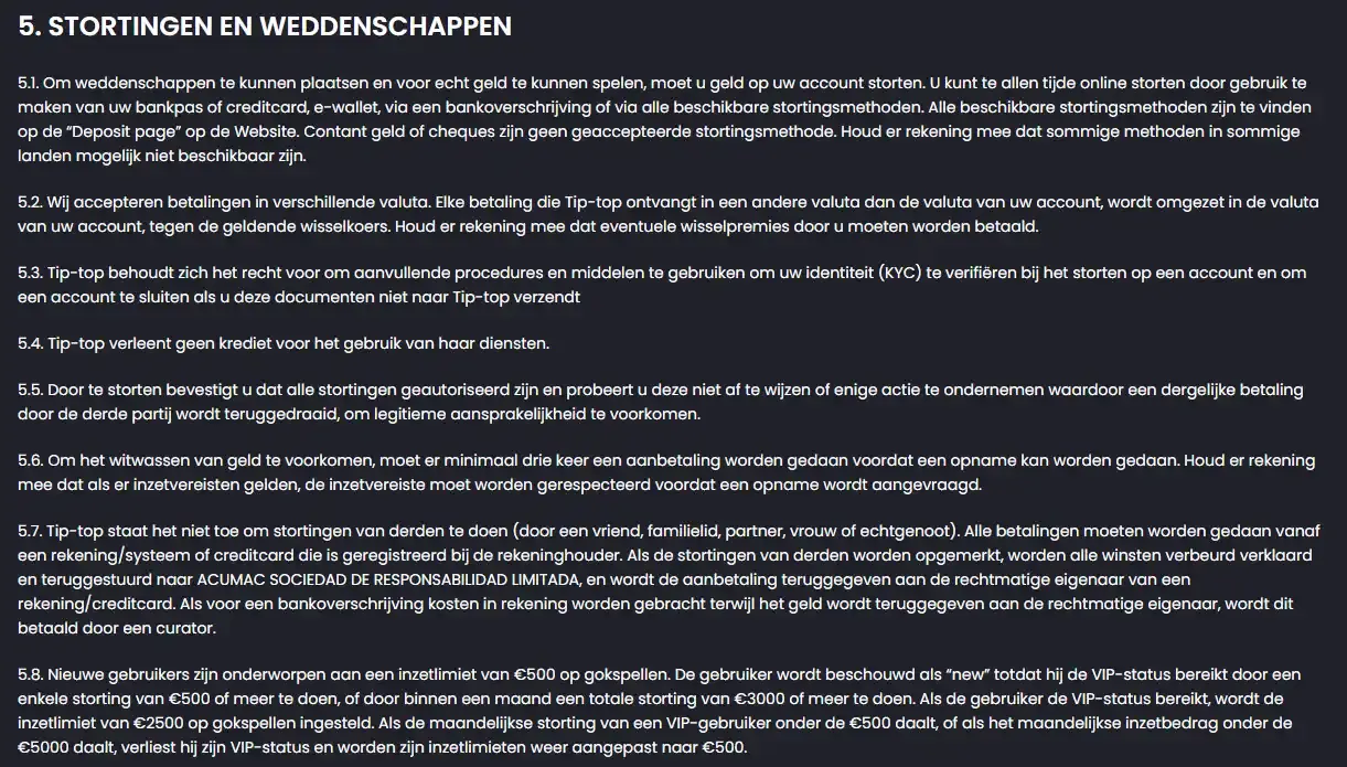 Actuele Tip-Top cashier met stortingsmethoden voor een Nederlandse accountsessie