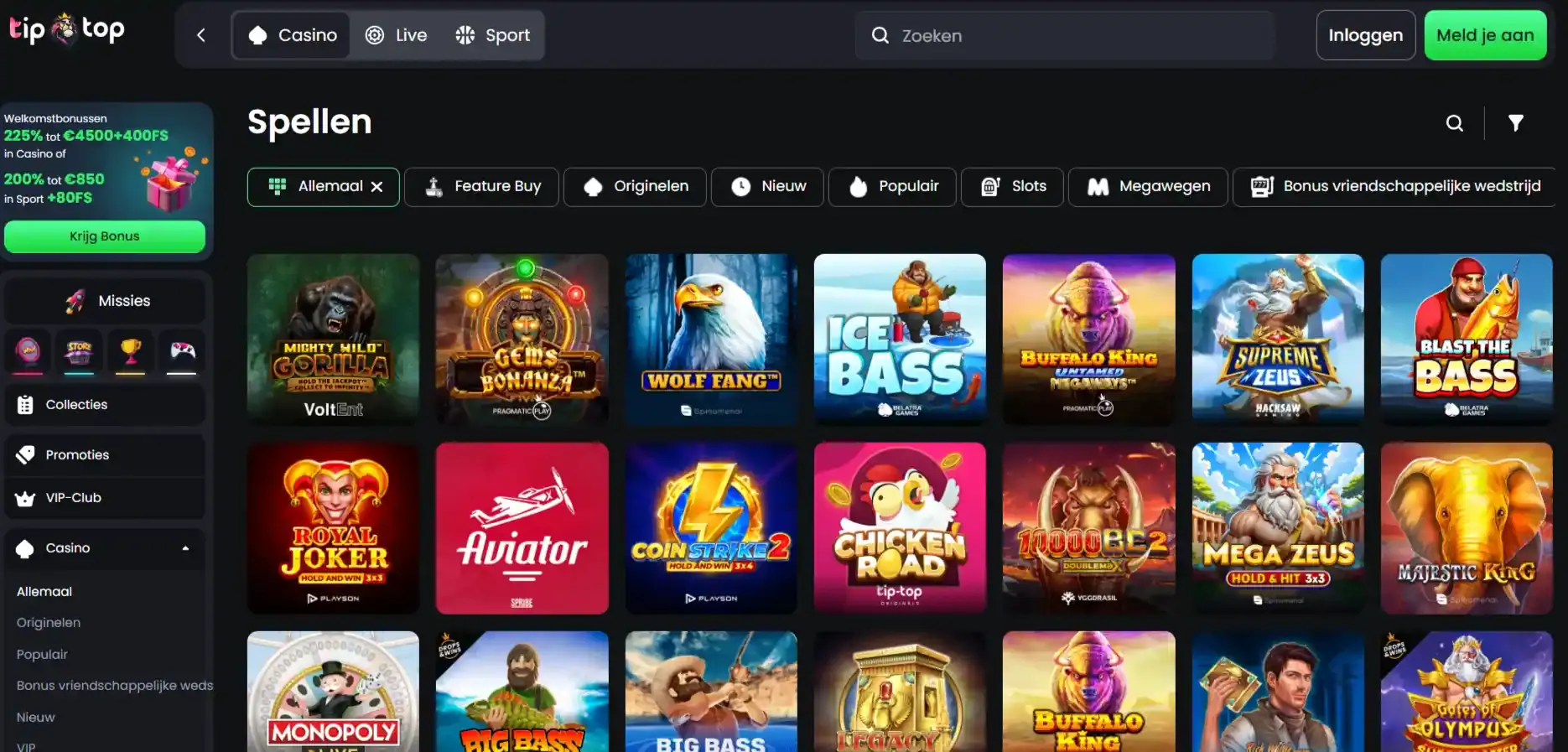 Actuele Tip-Top casinobibliotheek met spelcategorieën en providerfilter