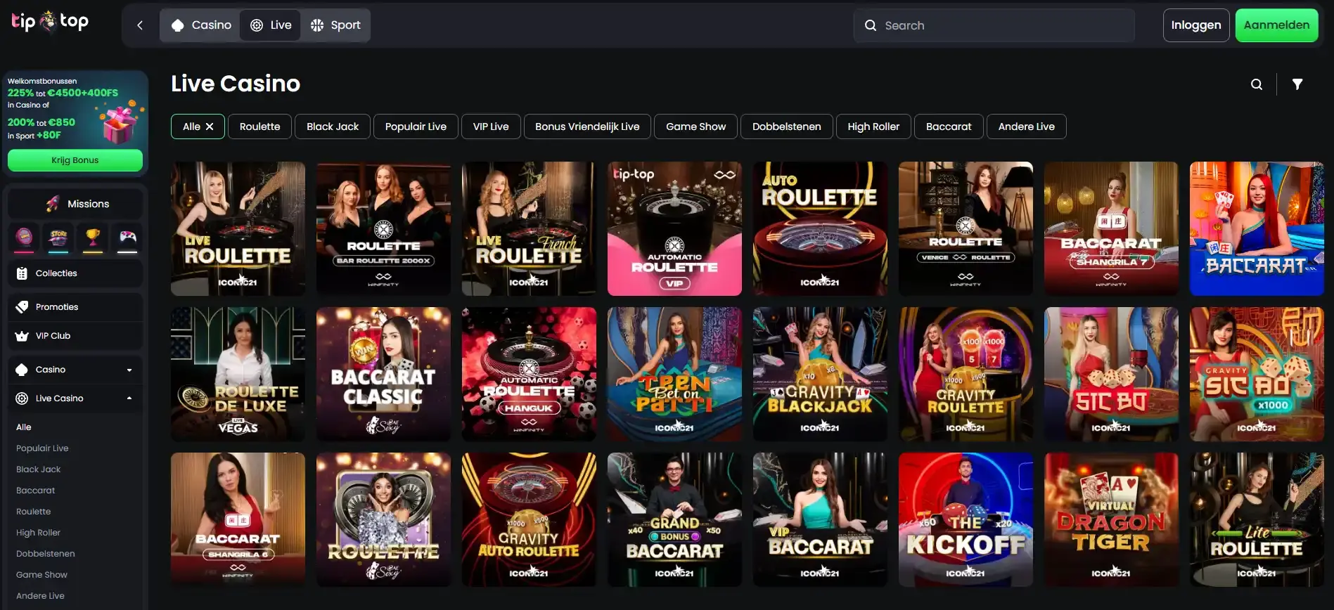 Actuele Tip-Top livecasino-lobby met zichtbare tafelcategorieën