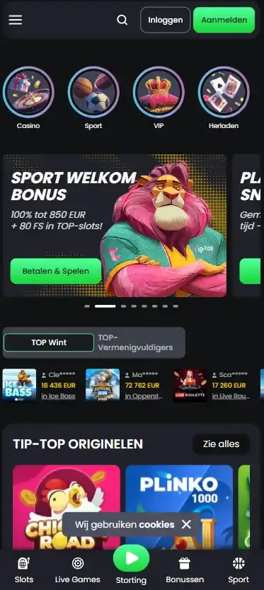 Actuele Tip-Top mobiele website geopend in een smartphone-browser