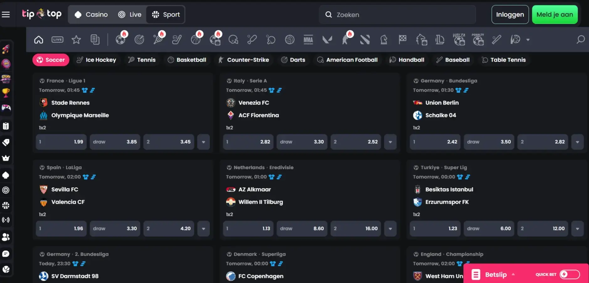 Actuele Tip-Top sportsbookinterface met sportnavigatie en weddenschapsmarkten