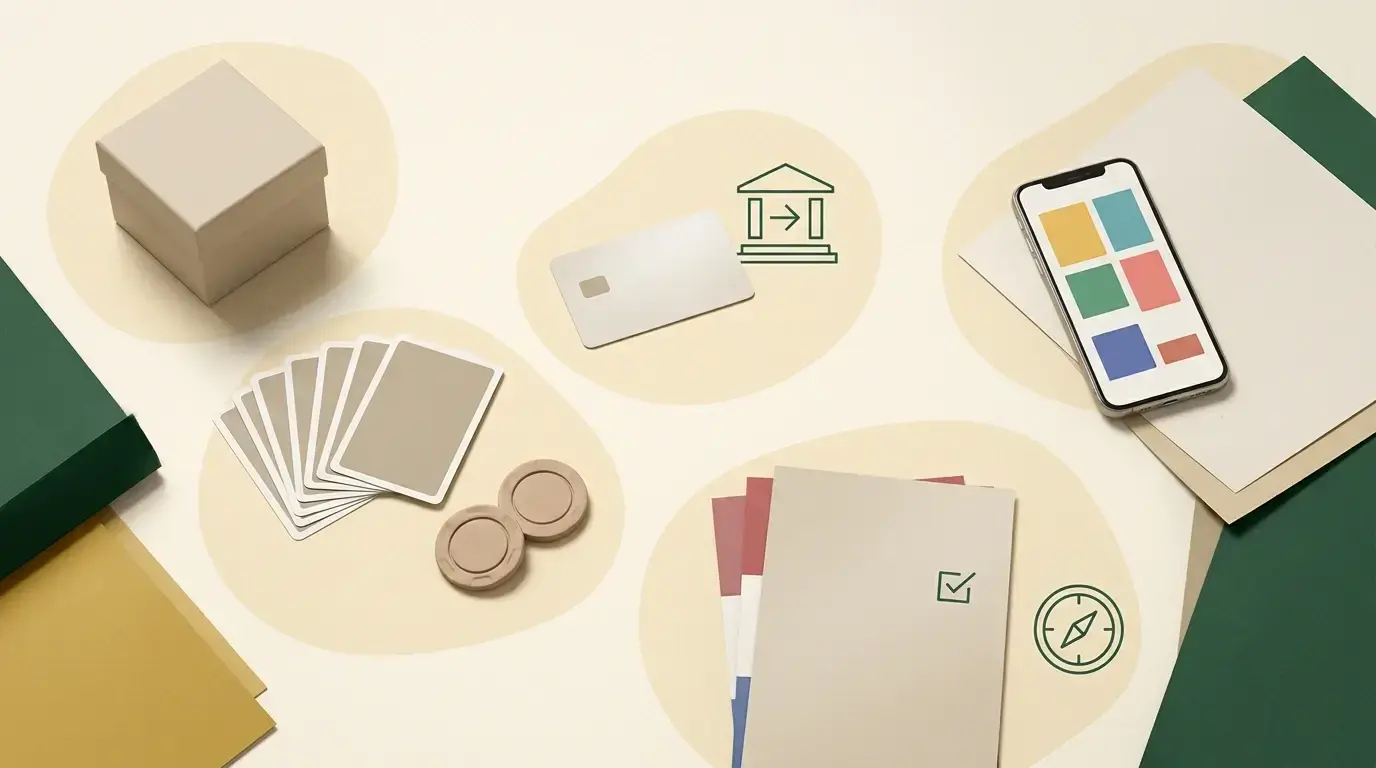 Checklistillustratie voor bonus, spellen, betalen, mobiel en Nederlandse regels