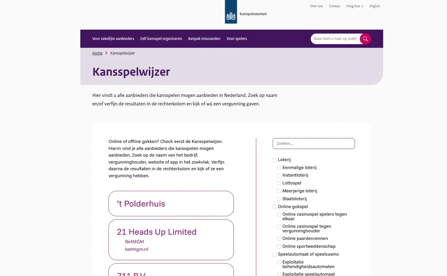 Kansspelwijzer van de Kansspelautoriteit voor controle van Nederlandse kansspelvergunningen